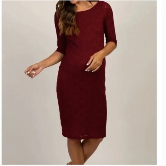 NWT Pinkblush Maternity Ruched Lace Dress Burgundy - Picture 3 of 10